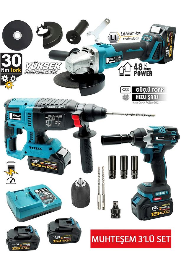 3'Lü Set 99880VPX Kömürsüz Şarjlı Taşlama- Şarjlı Hilti-13mm -Şarjlı Somun Sıkma-Matka - 1