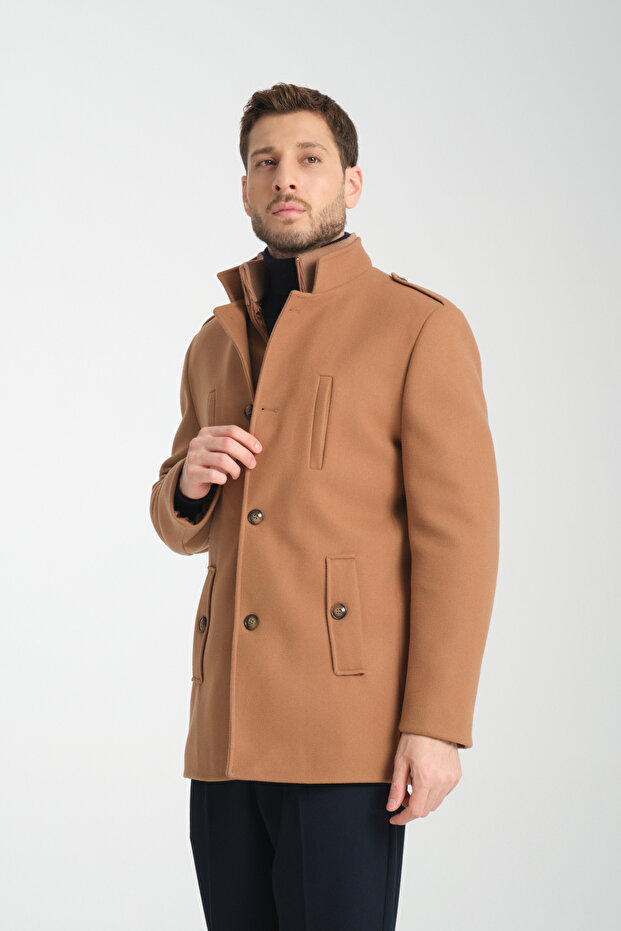 Thick Stand Collar Men's Cashmere Coat with Zipper, Regular Fit