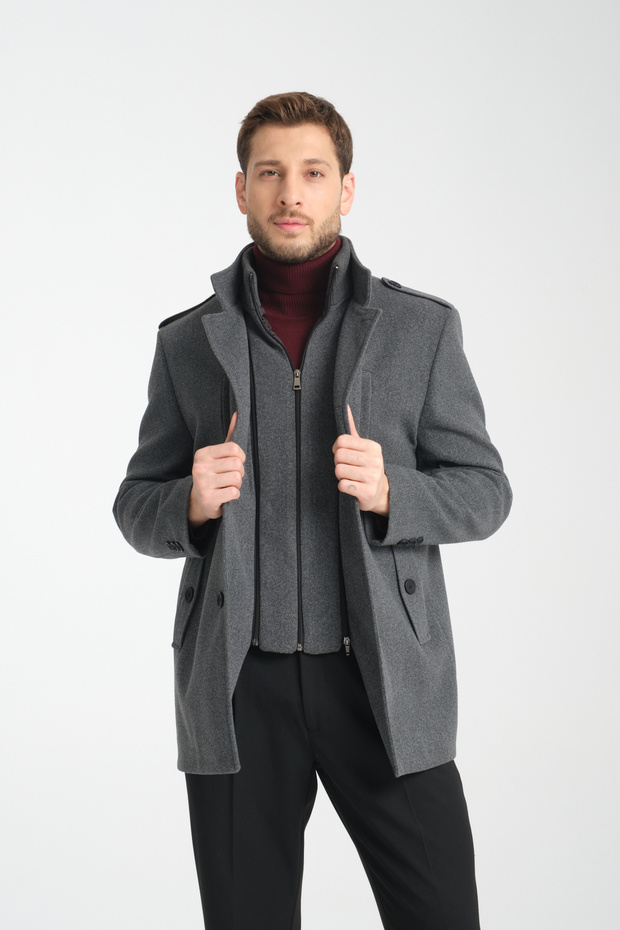 Thick Stand Collar Men's Cashmere Coat with Zipper, Regular Fit