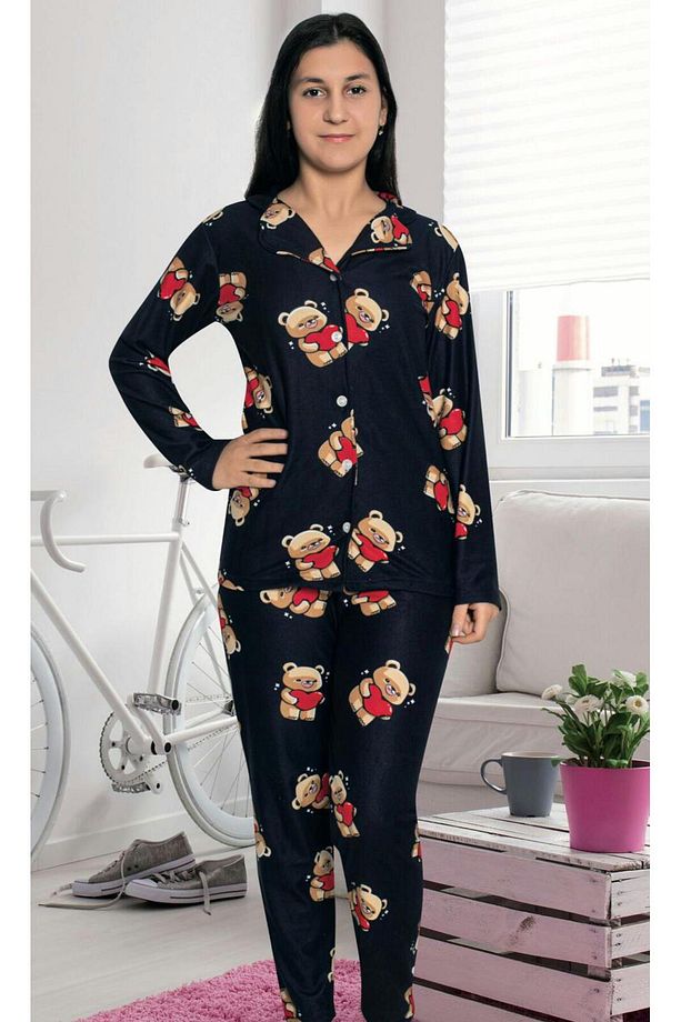 Kız Çocuk Süet Kışlık Boydan Düğmeli Kalın Pijama Takımı - 1