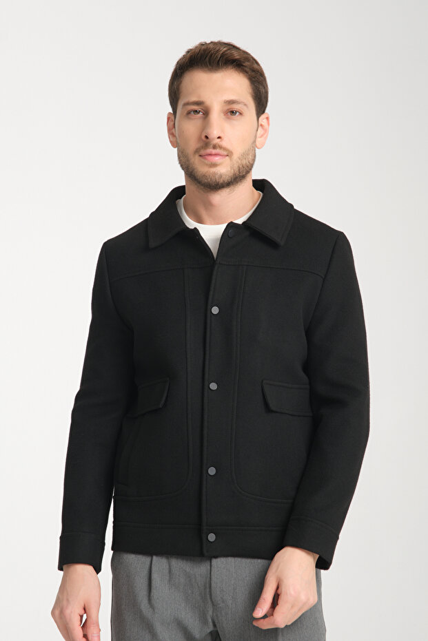 Snap Fastener Men's Polo Neck Short Stamp Coat Slim Fit