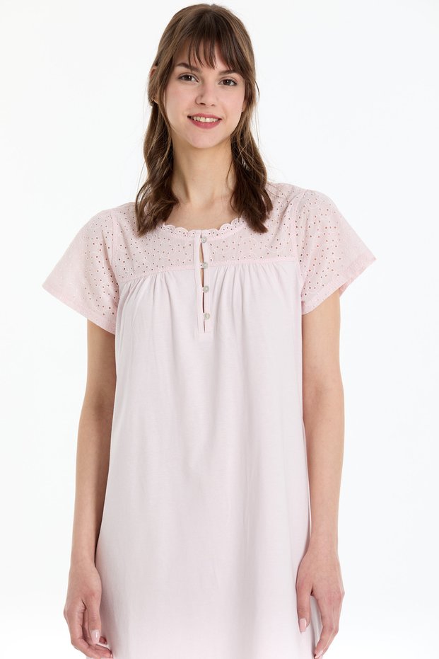 Women's 100% Cotton Nightgown / Eyelet Embroidery and Paneled Details / Powder Pink and Baby Blue Color Options.