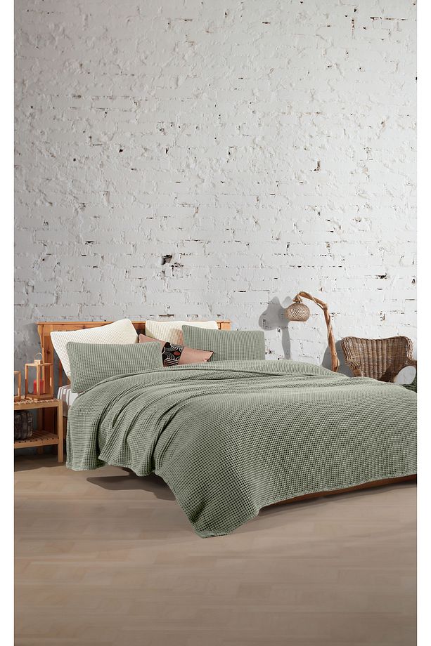 Adaçayı Yeşil %100 Pamuk Waffle Çift Kişilik Saçaksız Yatak Örtüsü 220x240 - 2