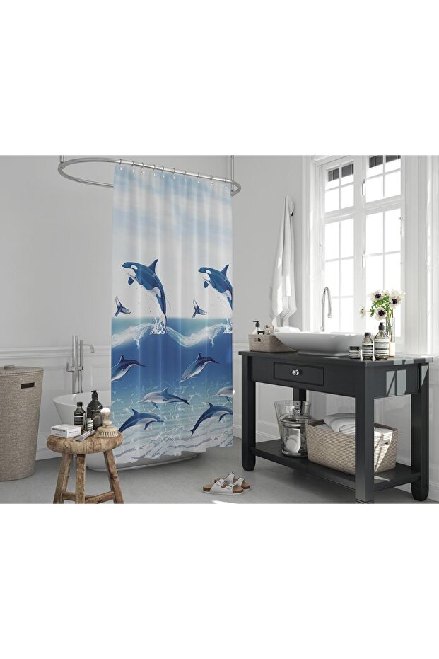 Bathroom Curtain 1x180x200 Single Wing Shower Curtain with Ring Gift 9515