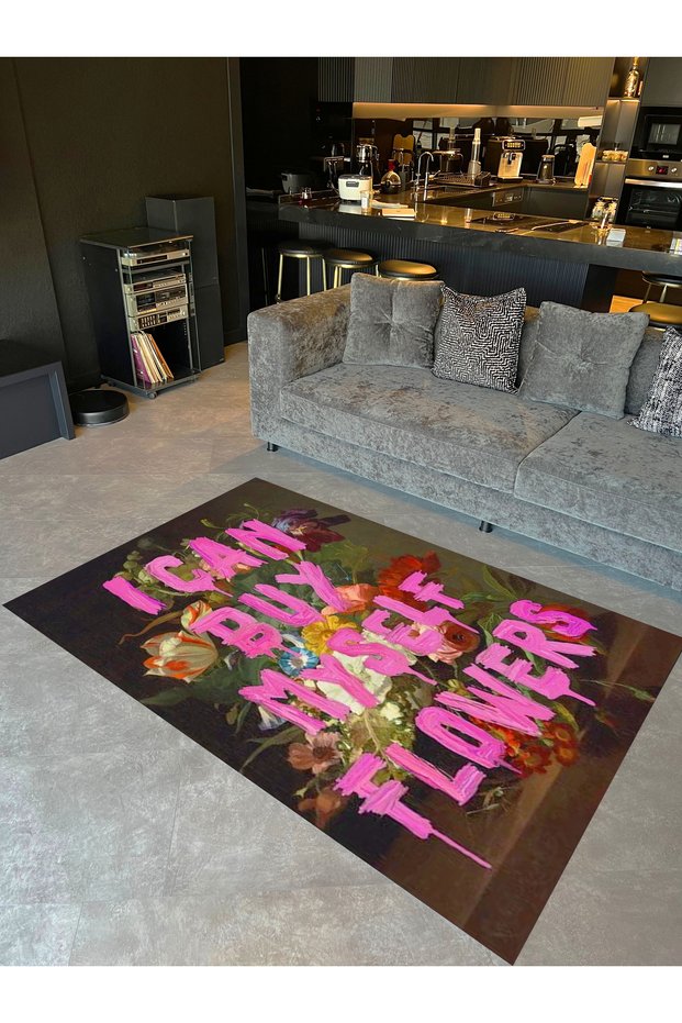 Ebru Collection Floral and Text Detailed Woven Base Modern Decorative Carpet Ebru46