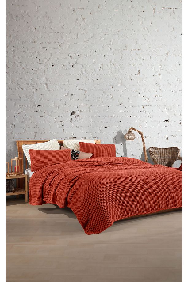 Koyu Kiremit %100 Pamuk Waffle Tek Kişilik Saçaksız Yatak Örtüsü 160x240 Cm - 2