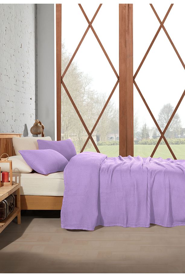Lila %100 Pamuk Waffle Tek Kişilik Saçaksız Yatak Örtüsü 160x240 Cm - 5