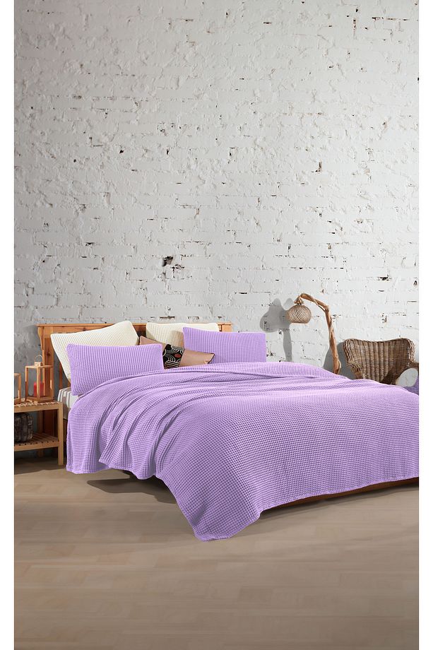 Lila %100 Pamuk Waffle Tek Kişilik Saçaksız Yatak Örtüsü 160x240 Cm - 2