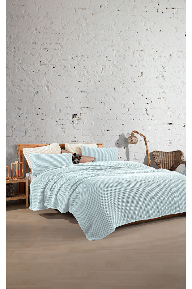 Bebe Mavi %100 Pamuk Waffle Tek Kişilik Saçaksız Yatak Örtüsü 160x240 Cm - 2