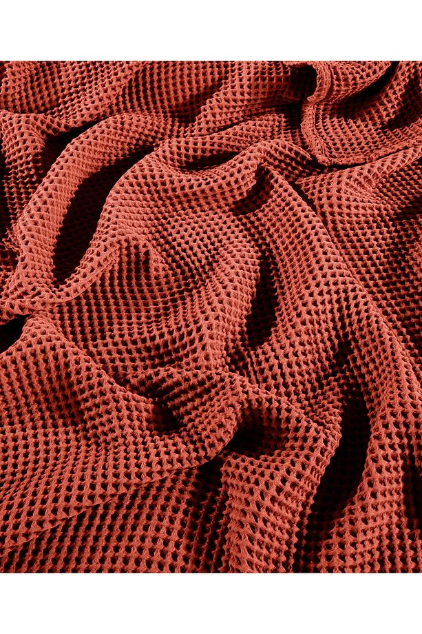 Koyu Kiremit %100 Pamuk Waffle Tek Kişilik Saçaksız Yatak Örtüsü 160x240 Cm - 4
