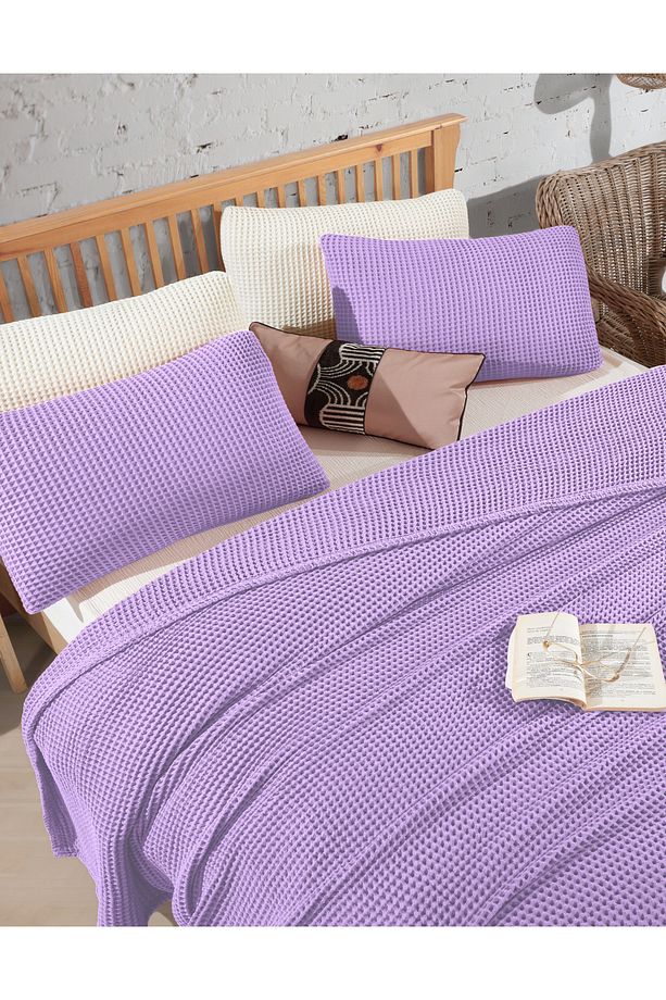 Lila %100 Pamuk Waffle Tek Kişilik Saçaksız Yatak Örtüsü 160x240 Cm - 3