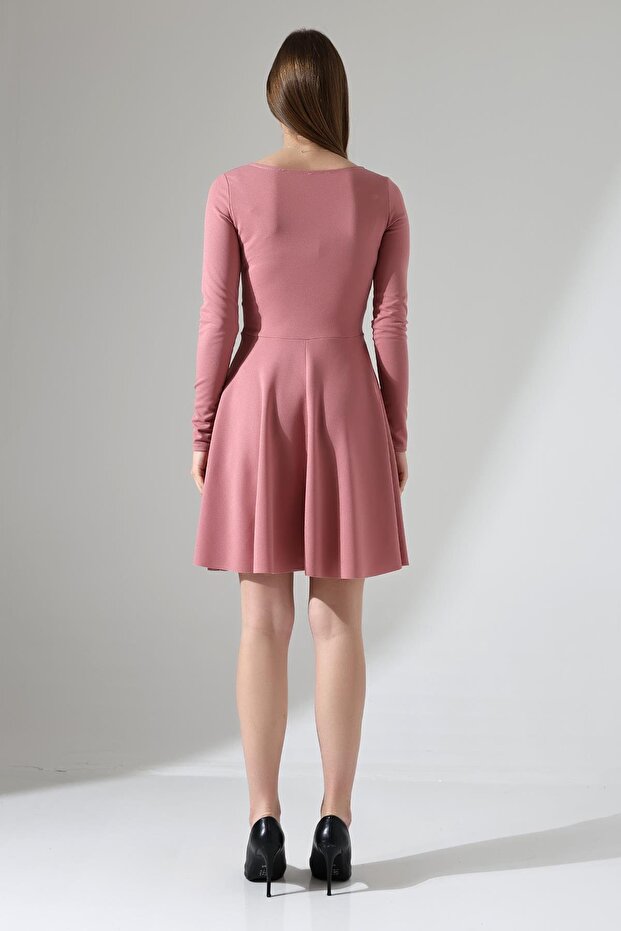 Pudra Kruvaze Yaka Krep Kumaş Uzun Kol Kloş Elbise - 8