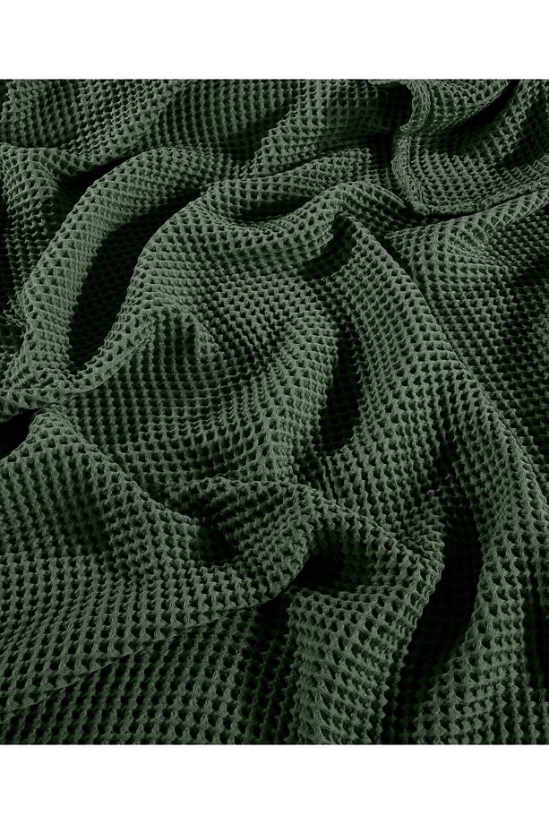 Orman Yeşili %100 Pamuk Tek Kişilik 160x240cm Waffle Saçaksız Yatak Örtüsü/1 Adet 50x70cm Yastık - 3