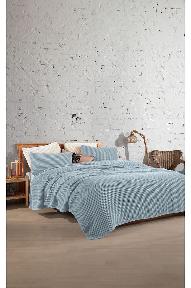 Hawaii Mavi %100 Pamuk Tek Kişilik 160x240cm Waffle Saçaksız Yatak Örtüsü/1 Adet 50x70cm Yastık - 2
