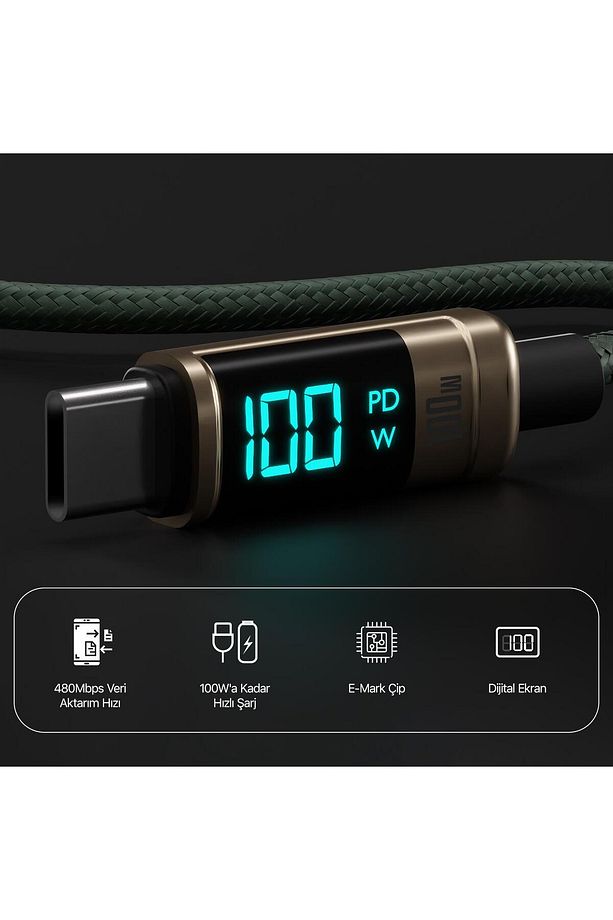 Type-c To Type-c 100w 480mbps E-marker Çipli Led Dijital Ekranlı Şarj Ve Data Kablosu 1 Metre Br - 5