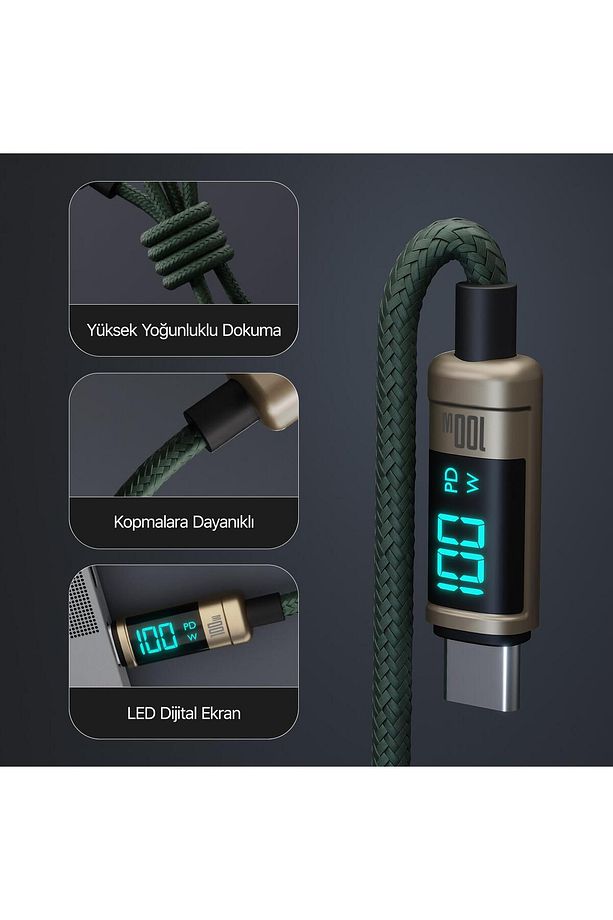 Type-c To Type-c 100w 480mbps E-marker Çipli Led Dijital Ekranlı Şarj Ve Data Kablosu 1 Metre Br - 3