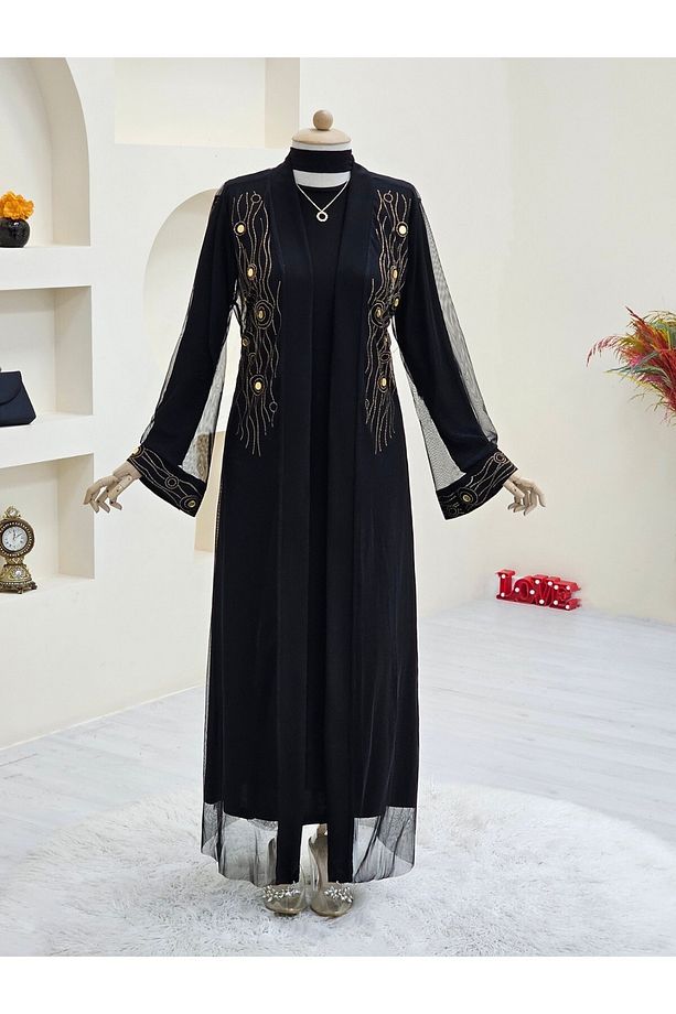 Önü Ve Manşeti Taşlı Abaya -bakır - 5