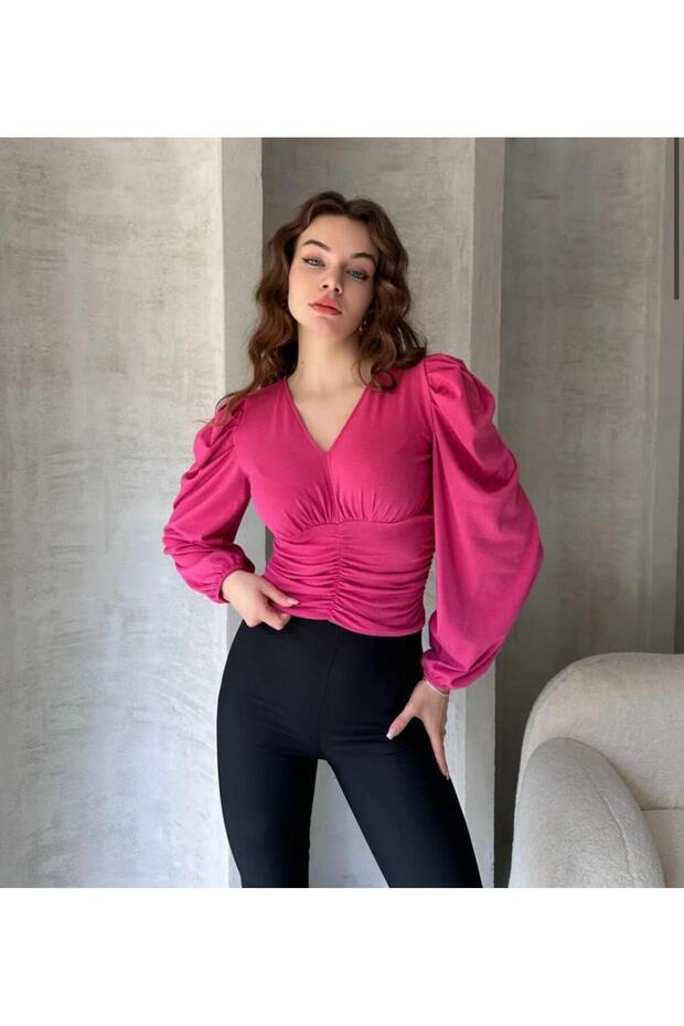 V Yaka Drape Detaylı Crep Bluz - 2