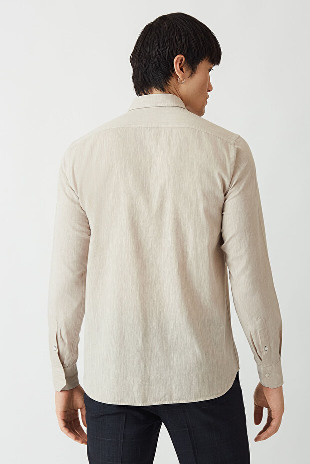 Regular Fit Uzun Kollu Bej Spor Erkek Gömlek - 2