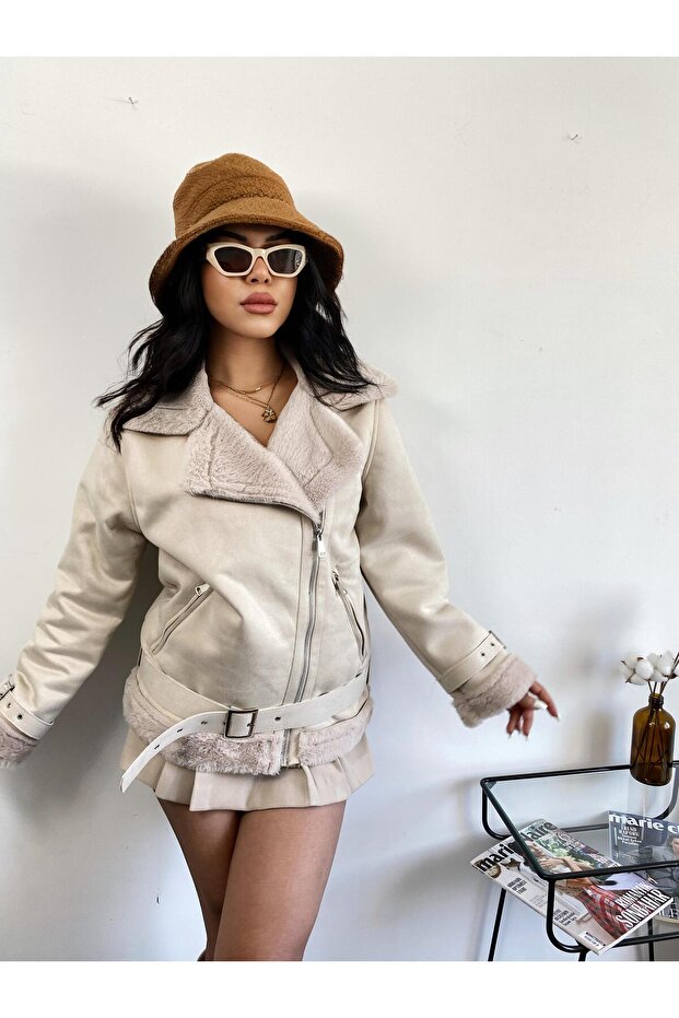 Long Suede Coat with Fur Belt - Stylish and Warm Design