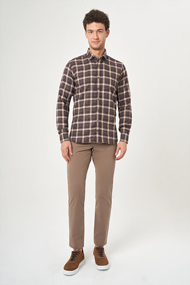 Regular Fit Uzun Kollu Kahve Flanel Erkek Gömlek - 5