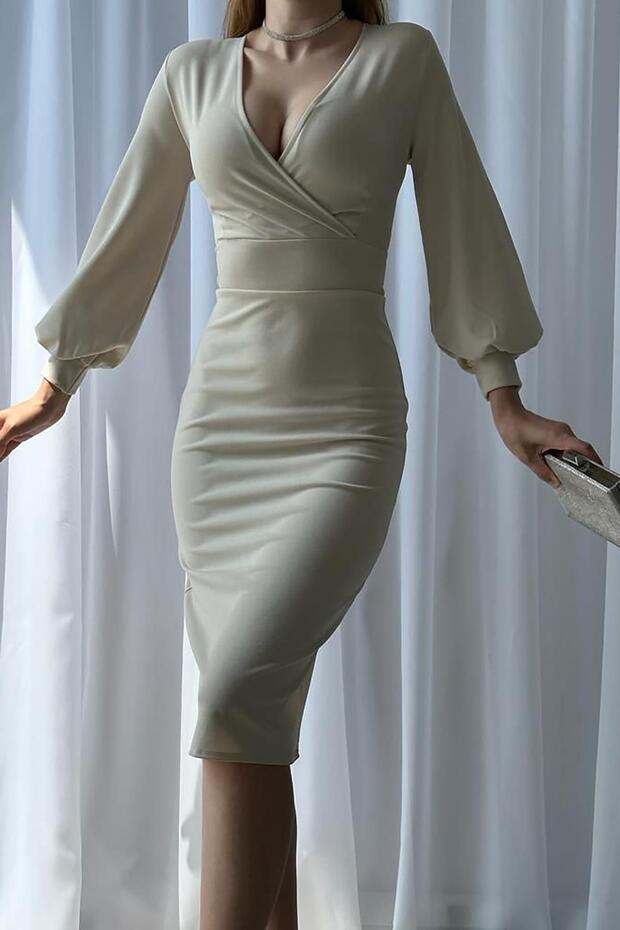 Beige Crepe Fabric Long Sleeve Double Breasted Collar Dress