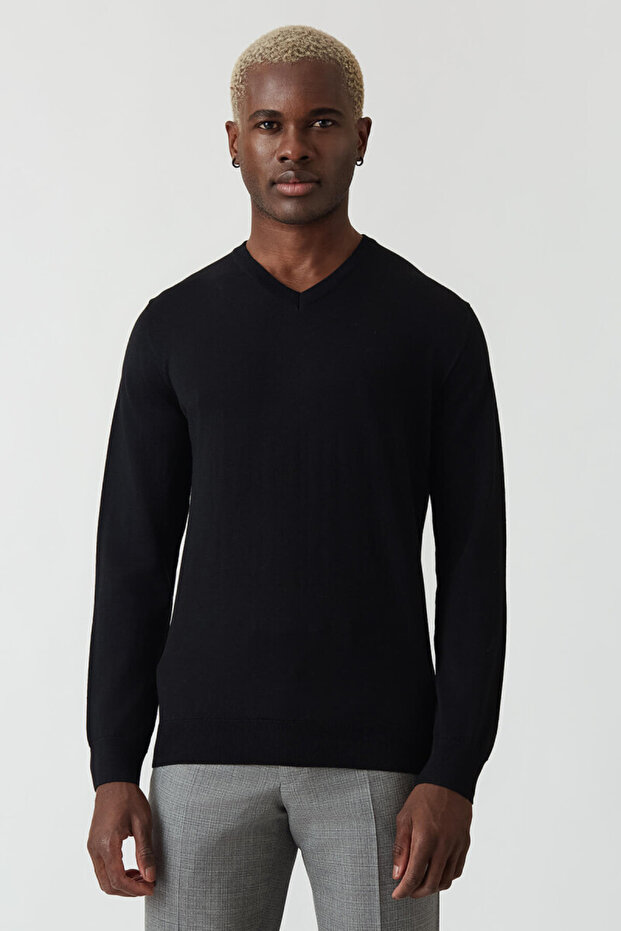 Basic V Yaka Siyah Erkek Triko - 5