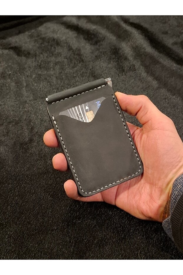 Money Clip Wallet Anthracite Genuine Leather Handmade Card Holder Wallet Slim Design