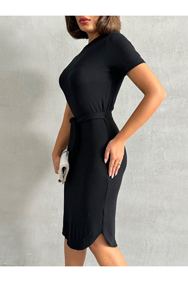 Women's Black Crew Neck Short Sleeve Camisole Viscose Dress with Belt