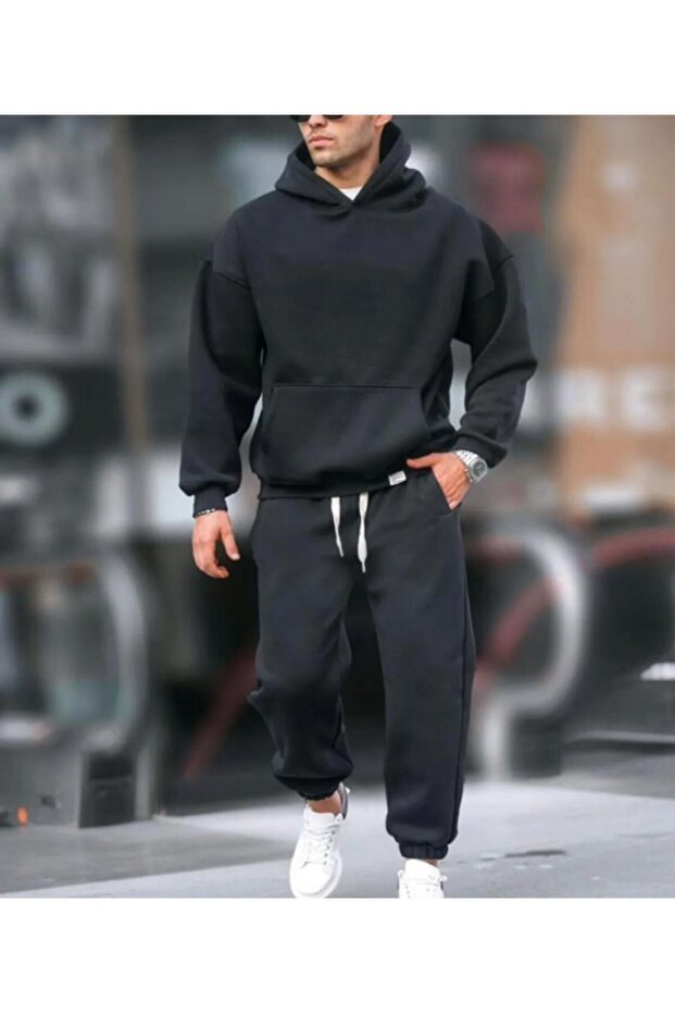 طقم بدلة رياضية سوداء ناعمة بخيطين - 1