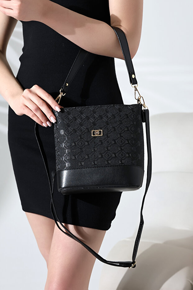 Black Bucket Model Printed-Textured Women's Bag Single-Compartment Crossbody Shoulder and Hand Bag Stylish Modern