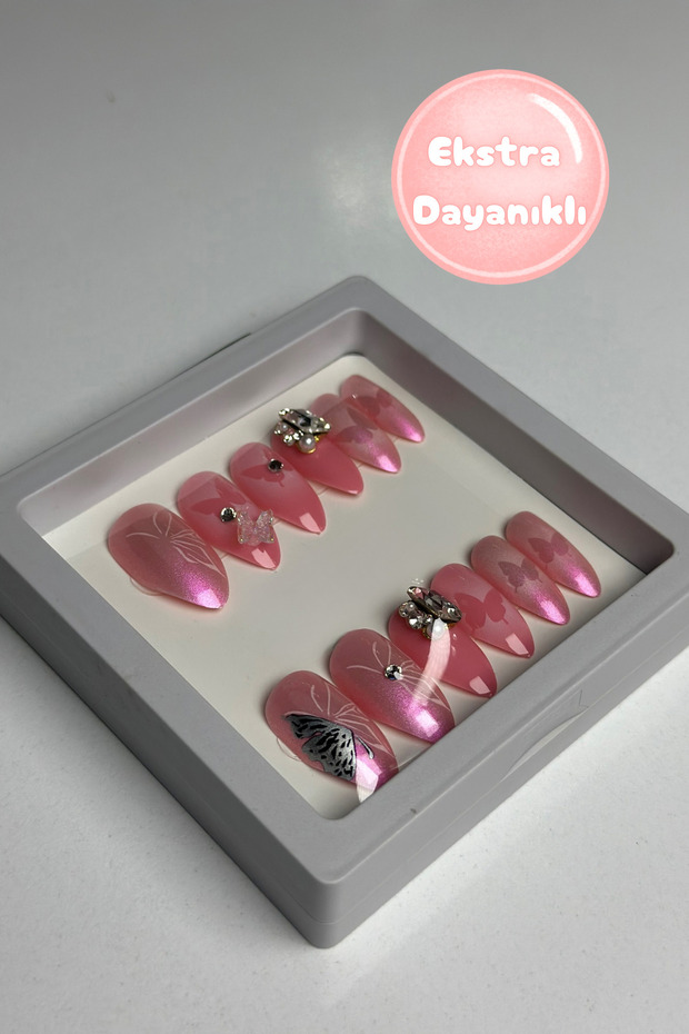 Pembe Taşlı Takma Tırnak (PROTEZ TIRNAK GÖRÜNÜMLÜ) - 3