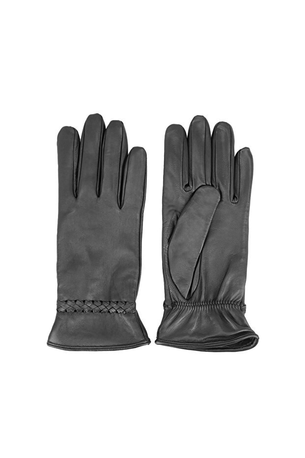 Siyah Kadın Örgülü Deri Eldiven - 2