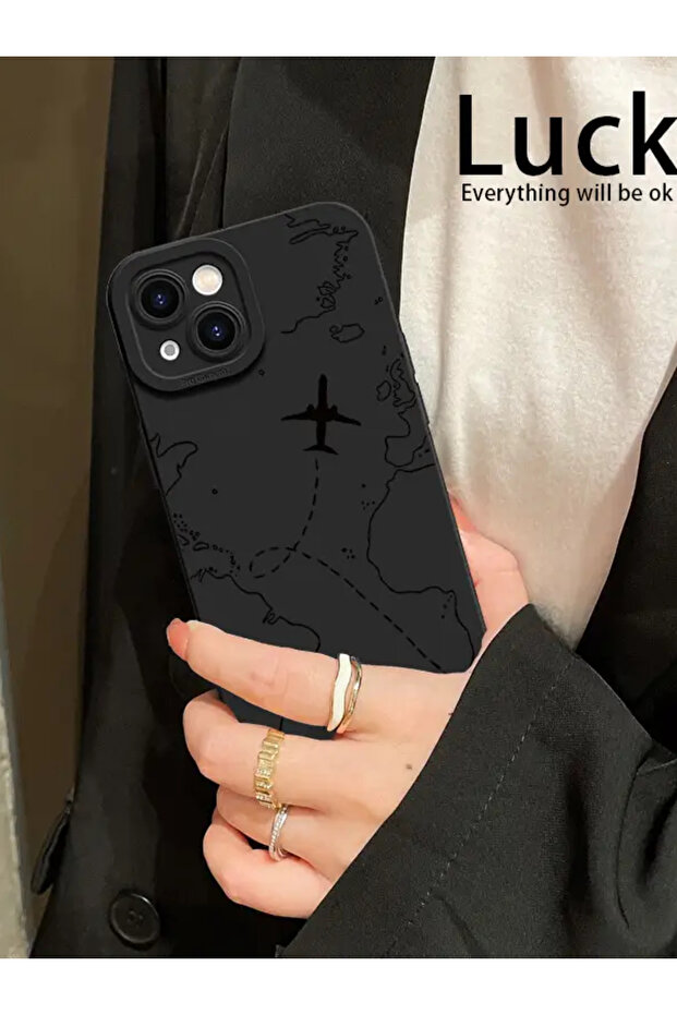 Iphone 13-14 Uyumlu Kılıf Mat Siyah Harita Desenli Darbelere Dayanıklı Yumuşak Kamera Korumalı Kapak