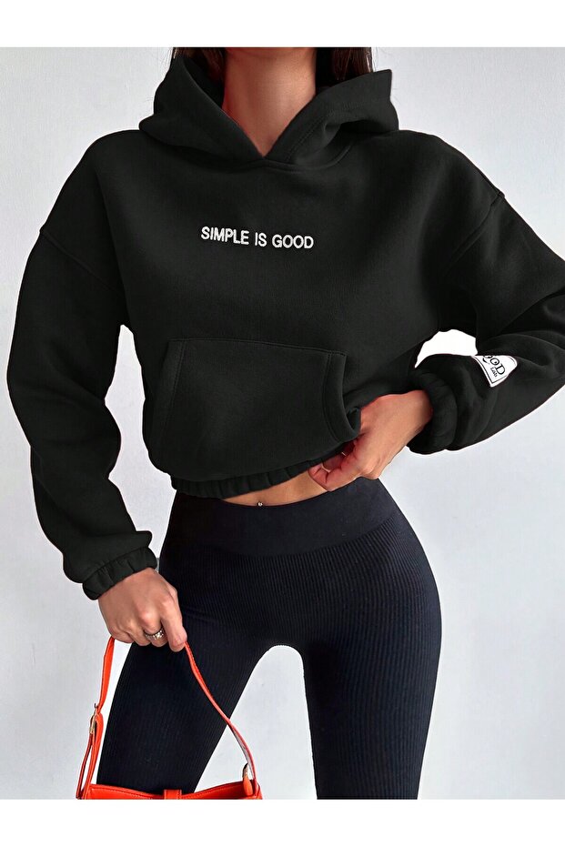 Black Crop Hooded 3 Thread Raster Kangaroo Pocket Sweatshirt