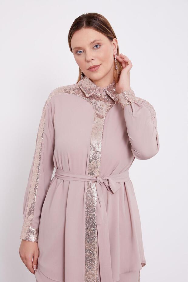 طقم مكون من قطعتين مزين بالترتر المنك - 4