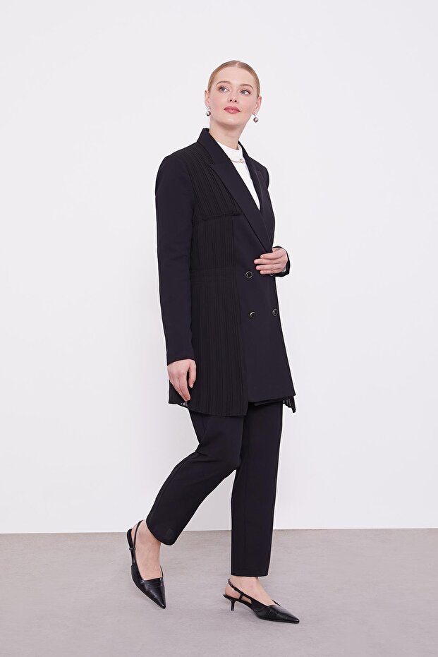 Black Pleated Chiffon Jacket Suit