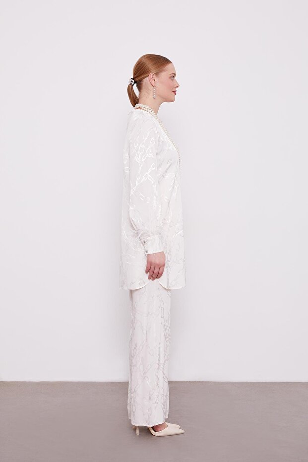 Ecru Jacquard Chain Pattern Double Set - 3