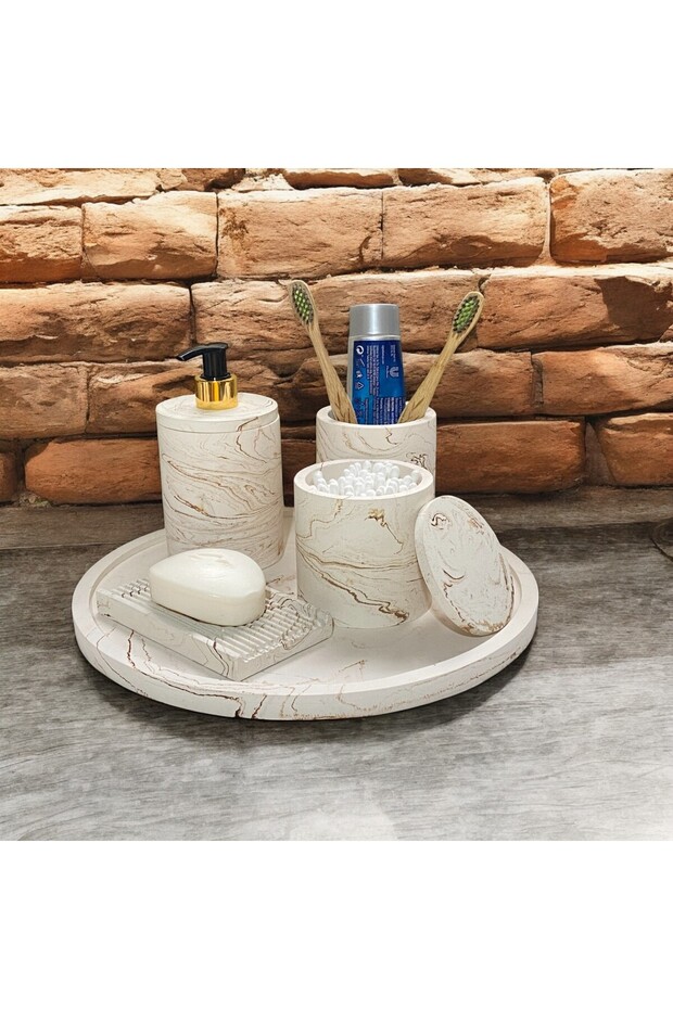 Rustic Marble Patterned Concrete Bathroom Accessory Set (5 Pieces) - 1