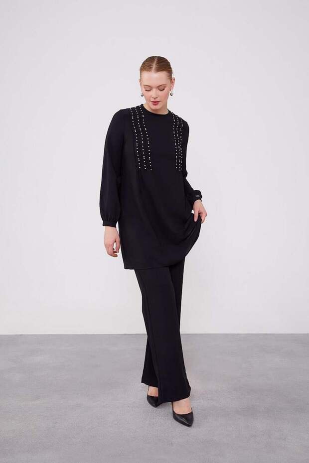 Black Beaded Tunic Suit - 2
