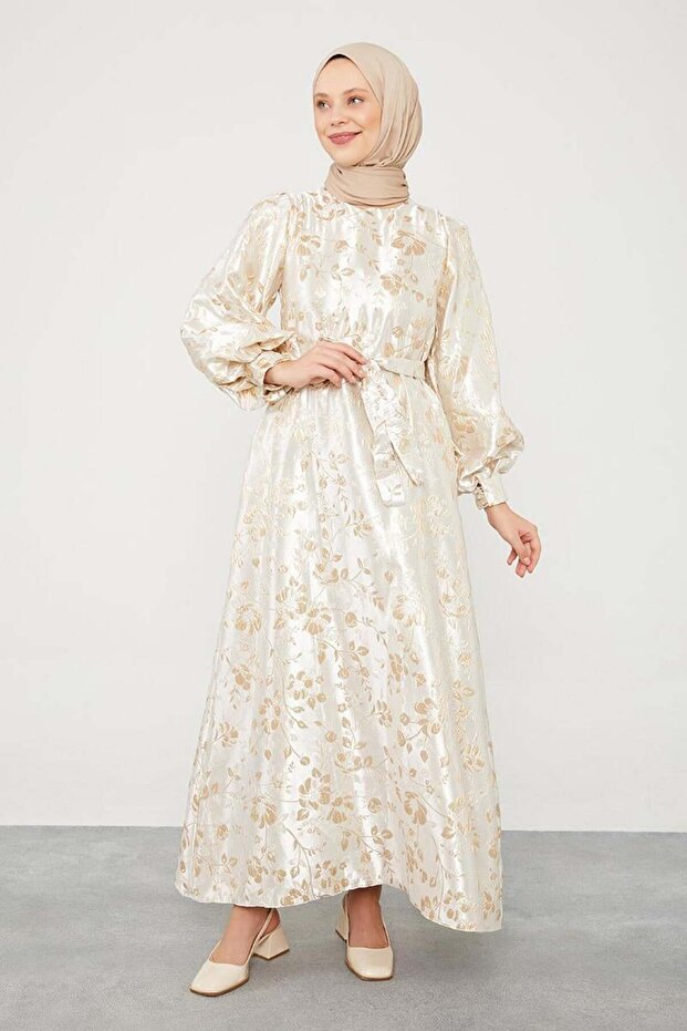 Bej Jakarlı Balon Kol Elbise - 2