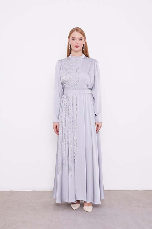 Gray Stone Embroidered Evening Dress Satin Dress