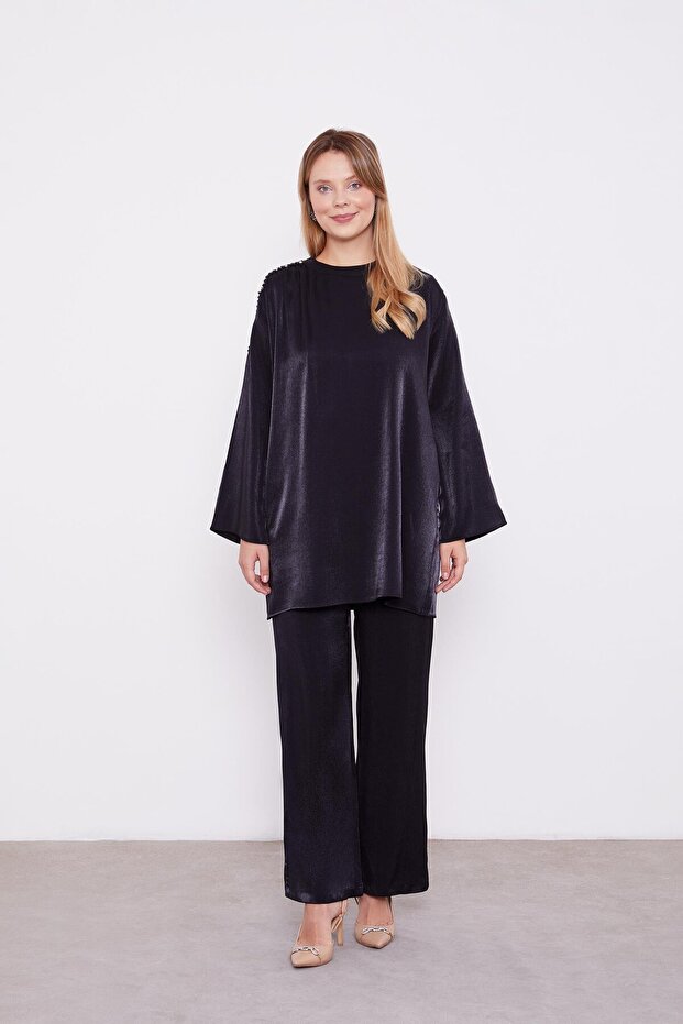 Black Shoulder Embroidered Satin Double Suit