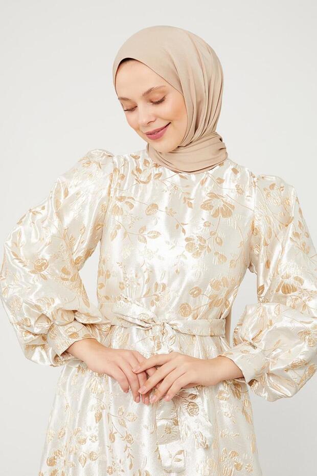 Bej Jakarlı Balon Kol Elbise - 3