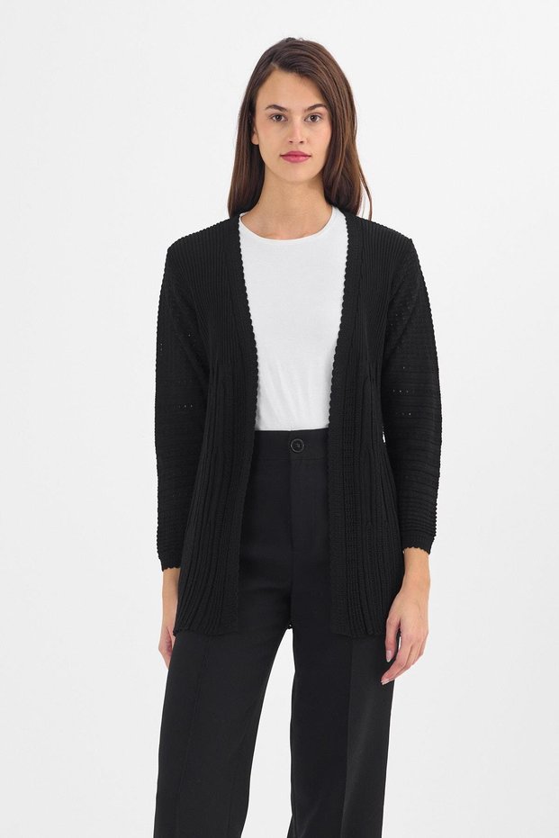 Women's Black Embroidered F Corded Fabric Buttonless Mother Knitwear Cardigan