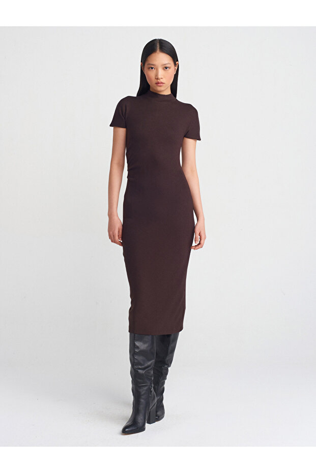 91297 Streç Örme Midi Elbise-Koyu Kahve - 4