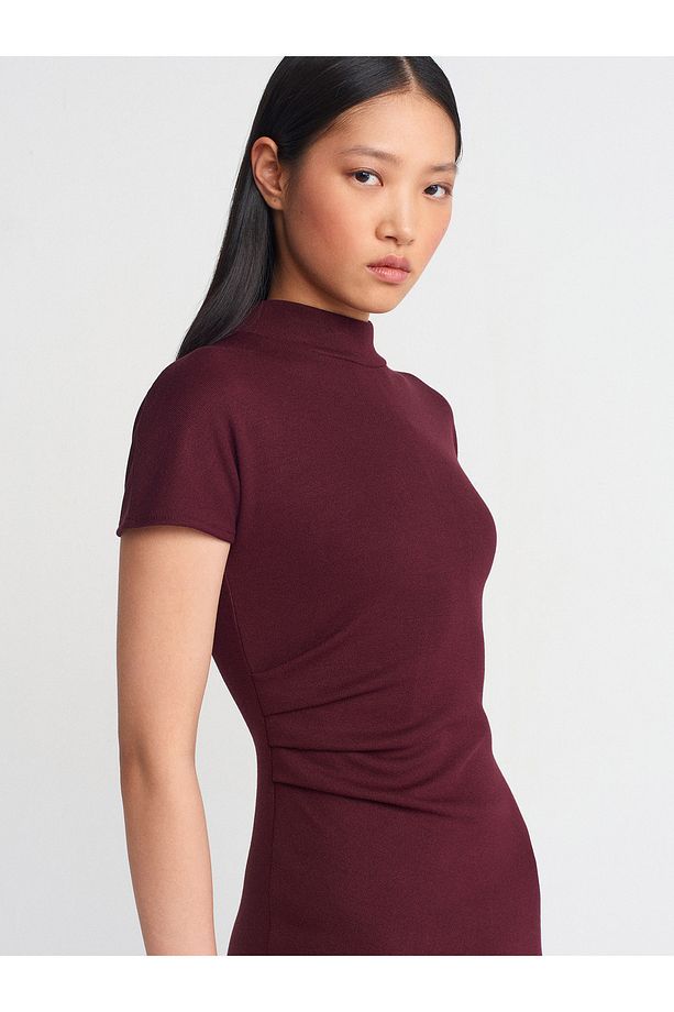 91297 Streç Örme Midi Elbise-Bordo - 4