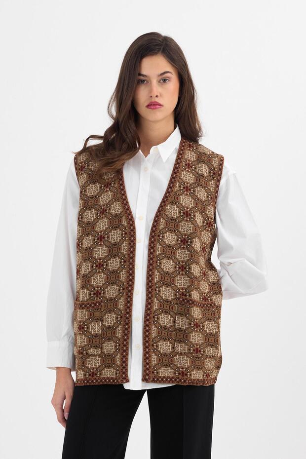 Women's Mink Monogram Patterned Pocket Knitwear Kilim Mother Vest