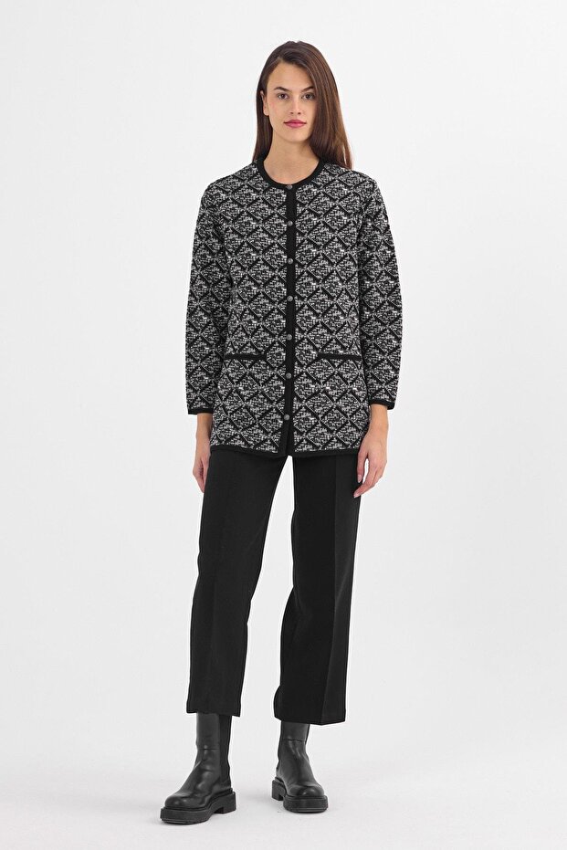 Women's Black Embossed Lozenge Buttoned Cardigan