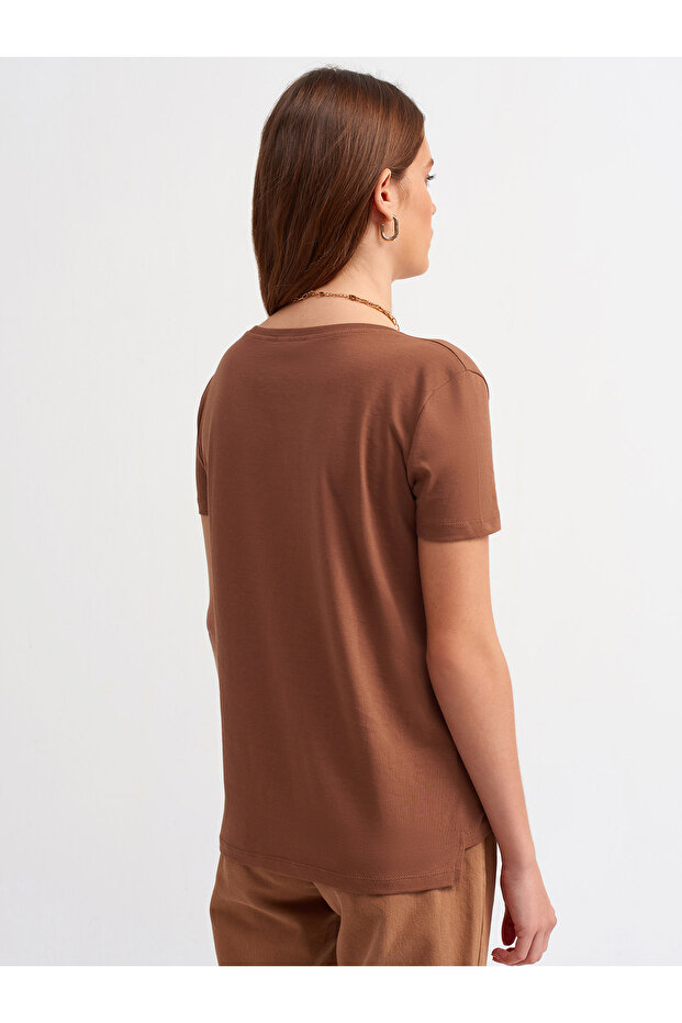 3470 V Yaka Basic T-Shirt-Kahve - 4